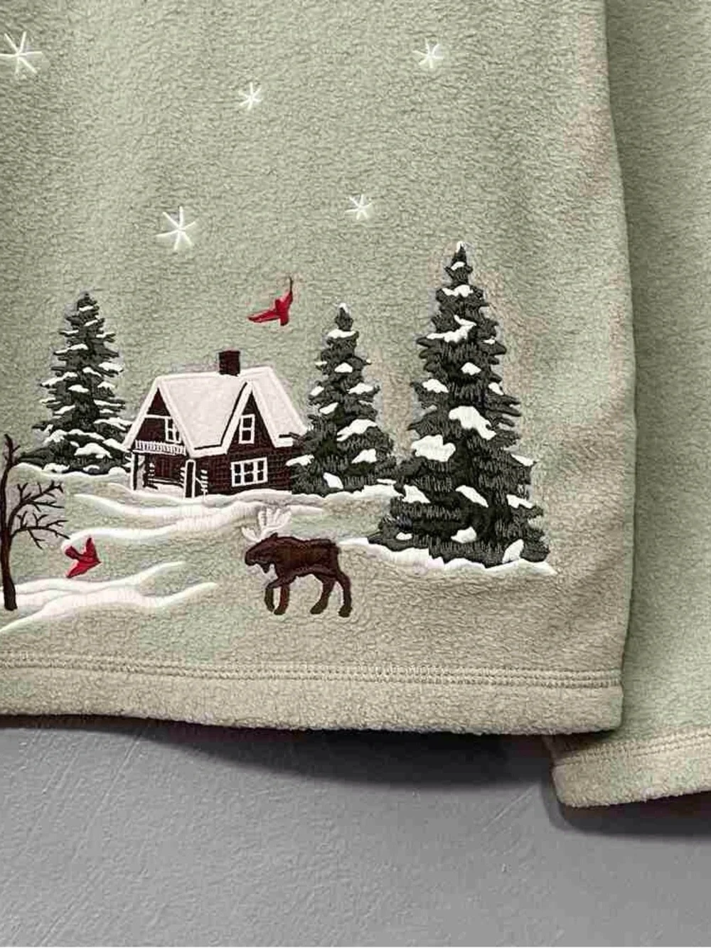 L.L. Bean Sage Green Zip Front Holiday Embroidered Cardigan